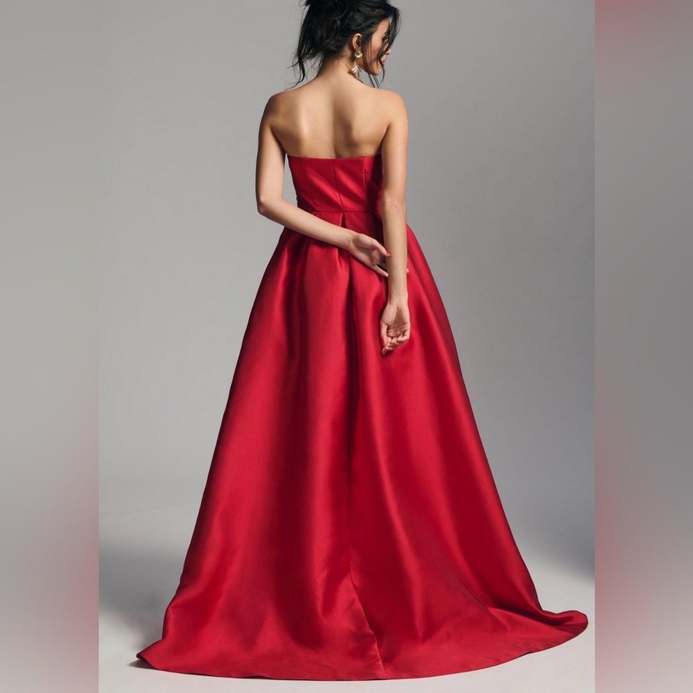 Hutch Strapless Red High-Low Satin Dress - Picture 4 of 7